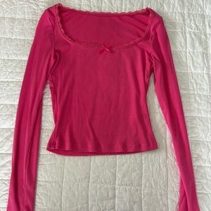 Amazon Fuchsia Long Sleeve Top with Lace Trim